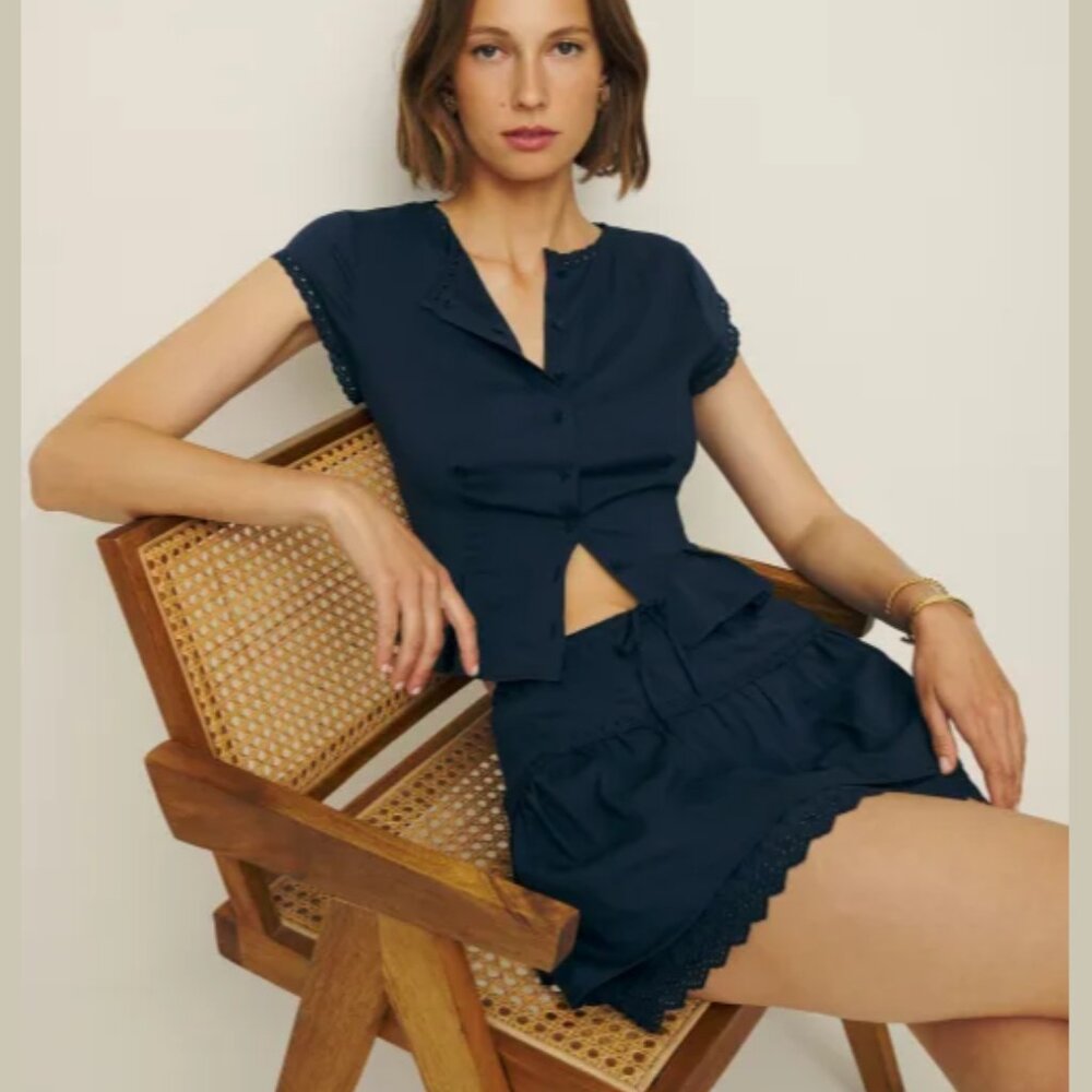 NWOT Reformation Valetta Two Piece in Navy Blue Top Mini Skirt Cotton Size 8